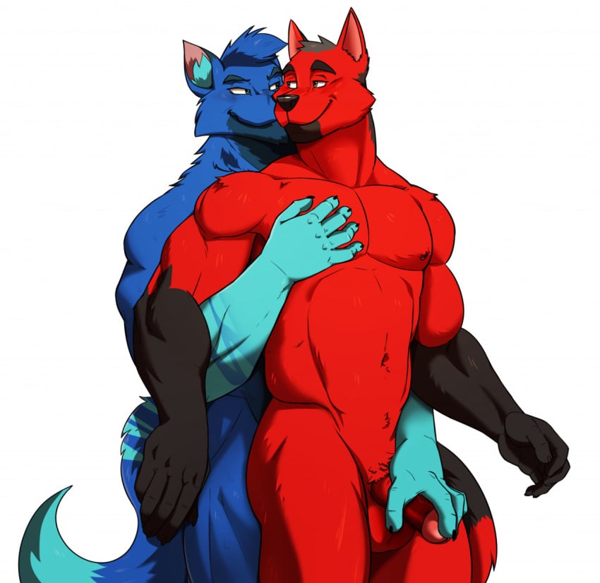 anthro balls canid canine duo eye_contact fluffy fluffy_tail genitals handjob hi_res holding_penis hug hugging_another hugging_from_behind humanoid_genitalia humanoid_penis looking_at_another male male/male mammal muscular penile penis sex seyrmo smile standing tail