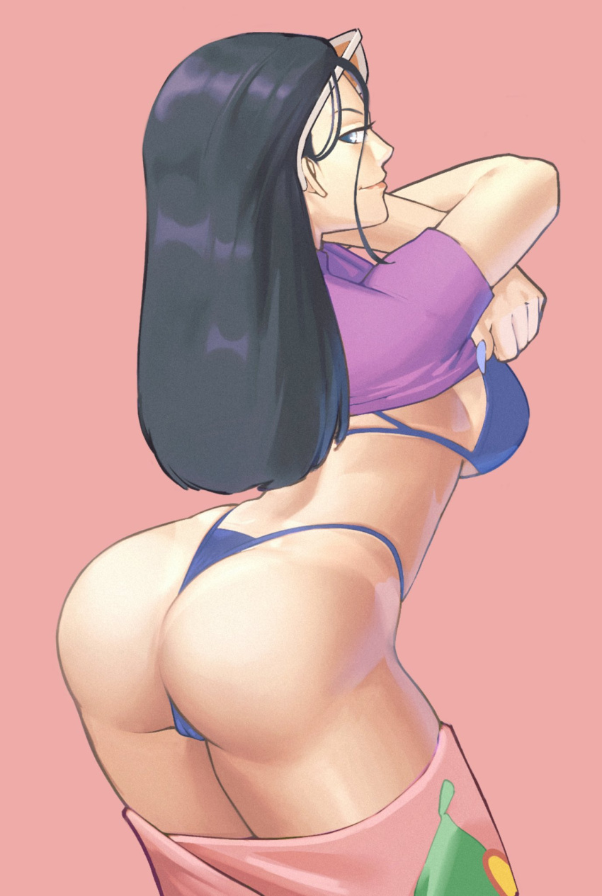 1girls ass ass ass_focus back back_view bare_arms bare_legs bare_shoulders bare_thighs big_ass big_breasts big_butt black_hair blue_eyes clothed clothing color female female_focus female_only hi_res large_breasts light-skinned_female light_skin long_hair looking_at_viewer looking_back nico_robin one_piece shounen_jump solo solo_female tagme thick_thighs undressing zukululuu