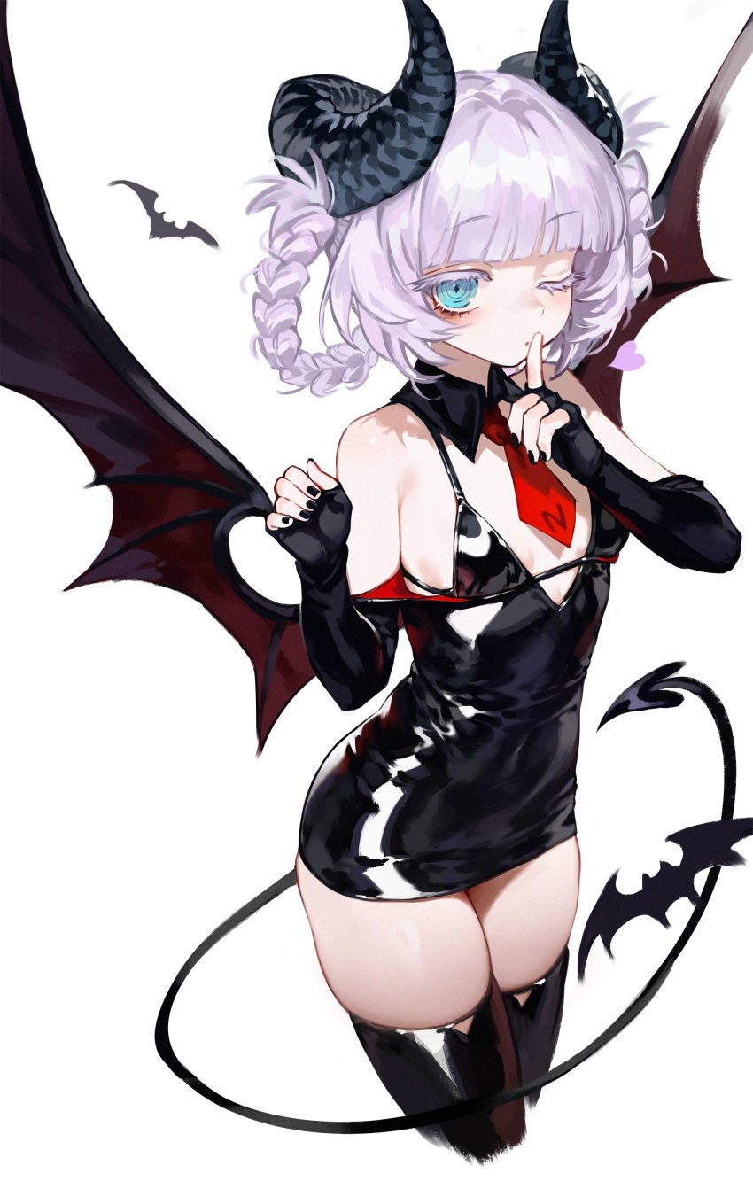 big_breasts black_nails blue_eyes blunt_bangs breasts call_of_the_night demon_tail demon_wings female foolish_potato heart horns nail_polish nanakusa_nazuna one_eye_closed painted_nails small_breasts thick_thighs thighhighs white_background wide_hips wings yofukashi_no_uta