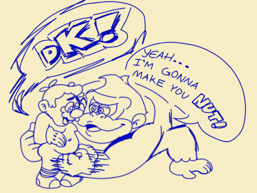 anthro donkey_kong donkey_kong_(series) enterman gorilla handjob human human_on_anthro male male/male male_only mario mario_(series) monochrome rough_sketch size_difference sketch speech_bubble