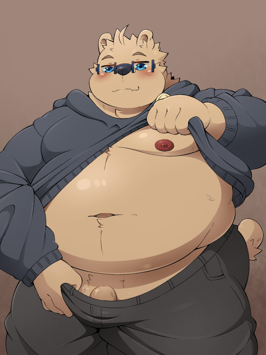 2024 anthro bear belly big_belly blue_eyes blush bottomwear clothing eyewear genitals glasses hi_res hoodie humanoid_hands kemono male mammal moobs navel nipples overweight overweight_male pants penis pomupomu490 solo topwear