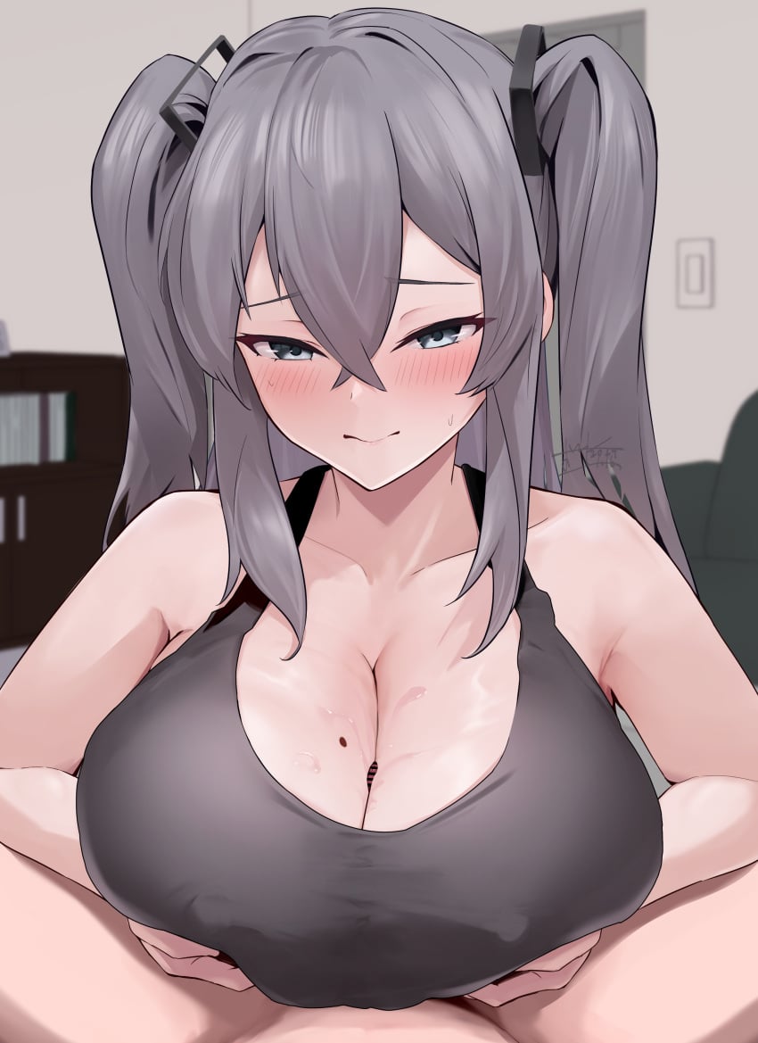 1boy 1girls absurdres arms_under_breasts azur_lane bar_censor bare_shoulders big_breasts black_bra blue_eyes blush bra breasts censored collarbone commission eagle_union_(azur_lane) female grey_hair hair_between_eyes hair_ornament highres huge_breasts intrepid_(azur_lane) large_breasts light-skinned_female light-skinned_male light_skin male_pov mole mole_on_breast oza_osuwari paizuri paizuri_under_clothes penis pov shy sidelocks skeb_commission small_penis sports_bra sweat two_side_up underwear