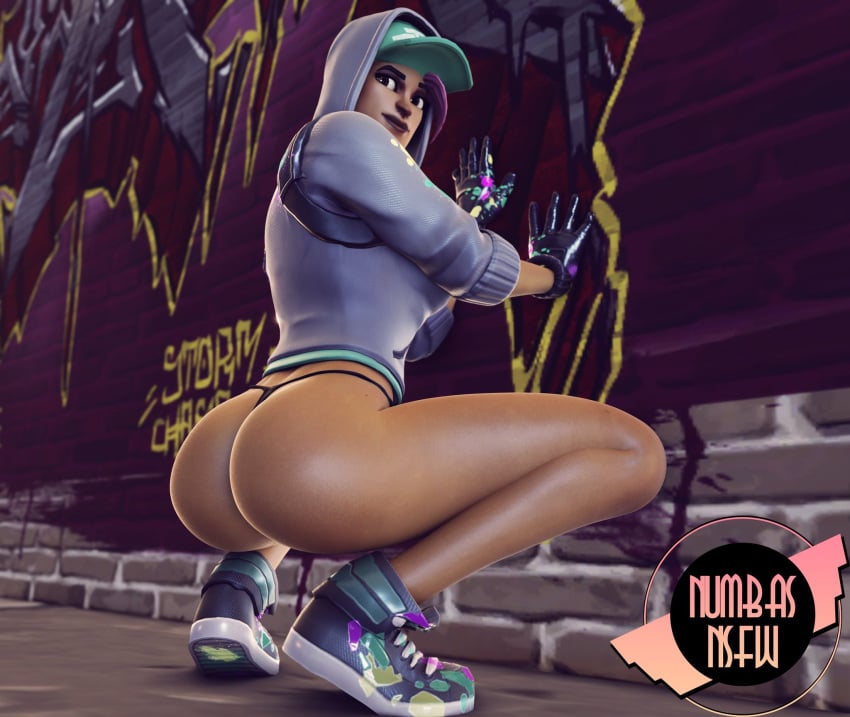 alley ass big_ass brick_wall brown_skin female fortnite graffiti hat hoodie no_pants numbasnsfw posing purple_hair sneakers squatting streetwear tagme teknique thenumbersdon'tlie thong urban