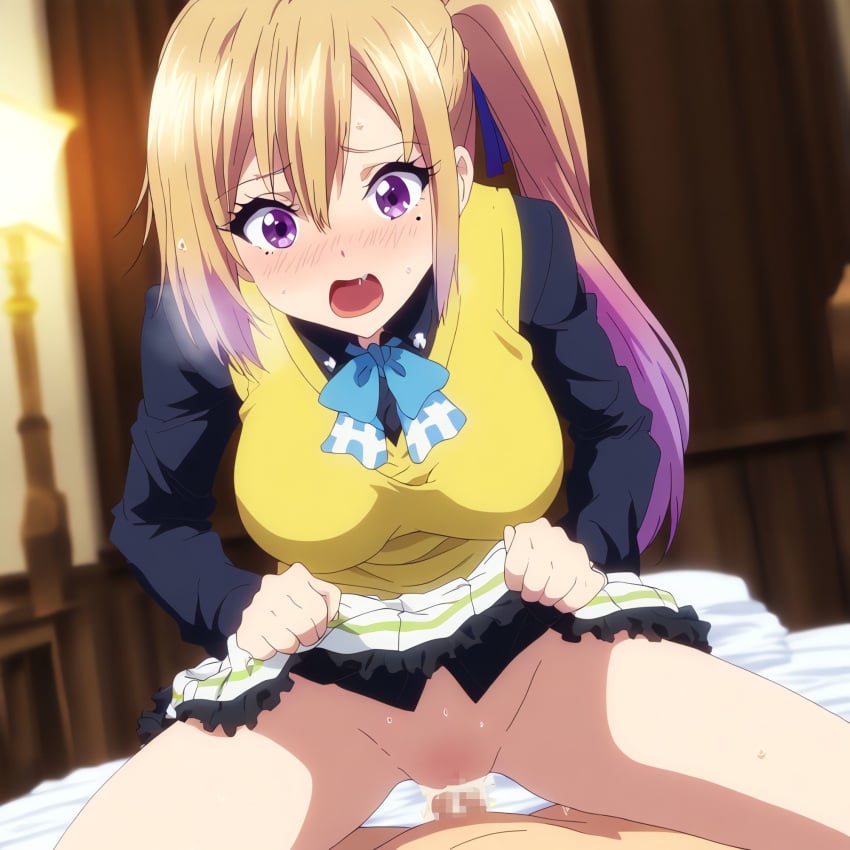 1boy 1girls ai_generated blonde_hair censored cowgirl_position kawakami_mai musaigen_no_phantom_world no_panties school_uniform vaginal_penetration yamaimo510