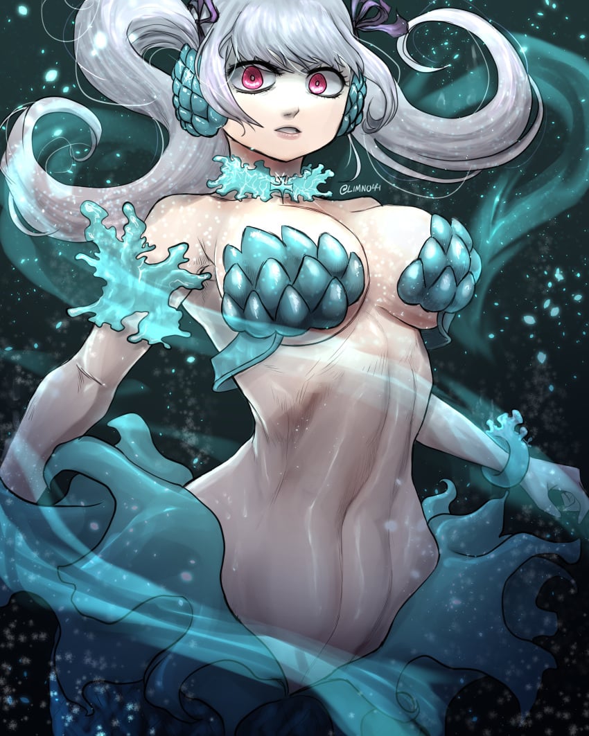 1girls abs bangs big_breasts bikini black_clover breasts choker curvy hi_res large_breasts limn044 looking_at_viewer mermaid midriff navel noelle_(mermaid_form) noelle_silva pink_eyes purple_eyes silver_hair simple_background skimpy stomach twintails wide_hips