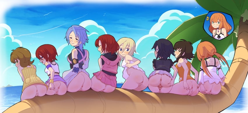 6+girls anus aqua_(kingdom_hearts) ass blonde_hair blue_hair bottomless breasts brown_hair clothes_lift commentary detached_sleeves dress dress_lift english_commentary final_fantasy final_fantasy_viii highres kairi kingdom_hearts kingdom_hearts_358/2_days kingdom_hearts_birth_by_sleep kingdom_hearts_chain_of_memories kingdom_hearts_i kingdom_hearts_ii kingdom_hearts_iii kingdom_hearts_x leaning_forward lineup looking_at_viewer looking_back low_twintails medium_breasts medium_hair multiple_girls namine no_panties nobody_(kingdom_hearts) ocean olette palm_tree pussy red_hair selphie_tilmitt short_hair skirt skirt_lift small_breasts spaghett8 spaghetto087 spread_pussy strelitzia take_your_pick time_paradox tree twintails xion