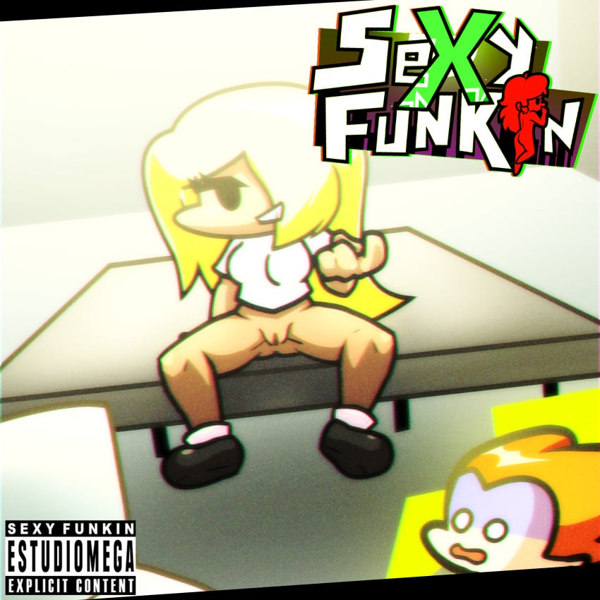 1boy 1girls album_art album_cover blonde_hair brown_body censorship_tag come_here covering_eye estudiomega female friday_night_funkin friday_night_funkin_mod go_ahead_signal legs lucia_montez lucia_montez_(sexy_funkin) male no_pants oc on_table orange_hair pico_(newgrounds) pussy sexy_funkin shoes sitting_on_table smiling surprised_expression toony_eyes white_shirt