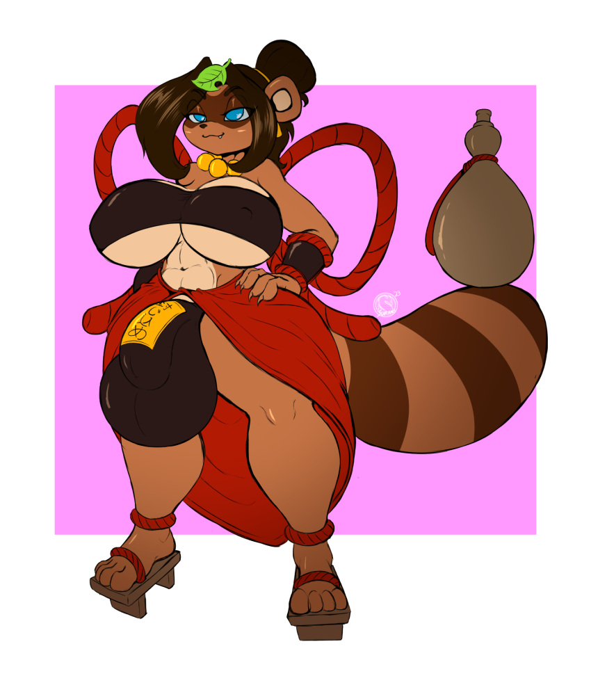 1futa anthro balls blue_eyes bottle breasts brown_fur brown_hair bulge furry futa_only futanari geta huge_balls huge_breasts huge_cock original original_character penis raccoon_dog sandals smile solo suirano tanasa_(suirano) tanuki tanuki_testicles thick_thighs wide_hips