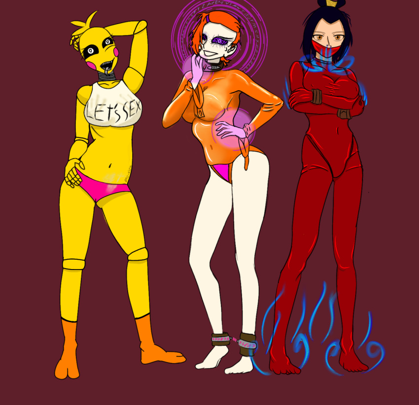 3girls avatar_legends avatar_the_last_airbender azula ben_10 corruption crossover eronsfw evil_eyes evil_smile female female_only fire_bending fire_breathing fire_nation five_nights_at_freddy's five_nights_at_freddy's_2 gwen_tennyson latex latex_clothing latex_straitjacket latex_suit magenta_panties multiple_girls oiled_body oiled_breasts orange_hair pink_panties possession robot_girl toy_chica_(fnaf)