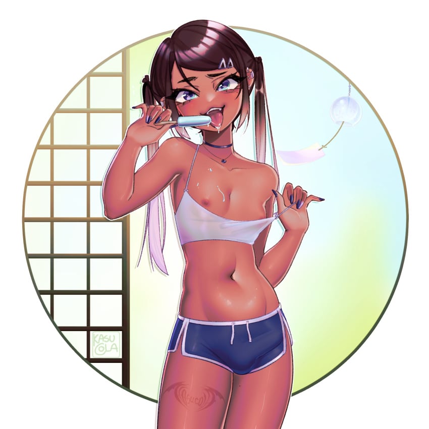 1boy areolae black_nails black_shorts blue_popsicle bulge choker dark-skinned_femboy dark-skinned_male eating eating_food femboy kasucola male_with_breasts medium_thighs multicolored_hair navel nipples popsicle small_areola small_breasts small_nipples solo_male sports_shorts tattoo thin_waist tomgirl twintails white_crop_top