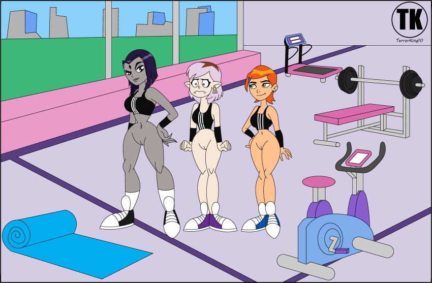 3girls aged_up amity_blight arm_bracelets ben_10 bottomless bottomless_female cartoon_network commission commission_art crossover dc_comics disney embarrassed exposed_vagina female female_only gwen_tennyson gym multiple_girls naked_from_the_waist_down nude_female purple_hair rachel_roth raven_(dc) sneakers sports_bra sports_shoes teen_titans terrorking10 the_owl_house workout