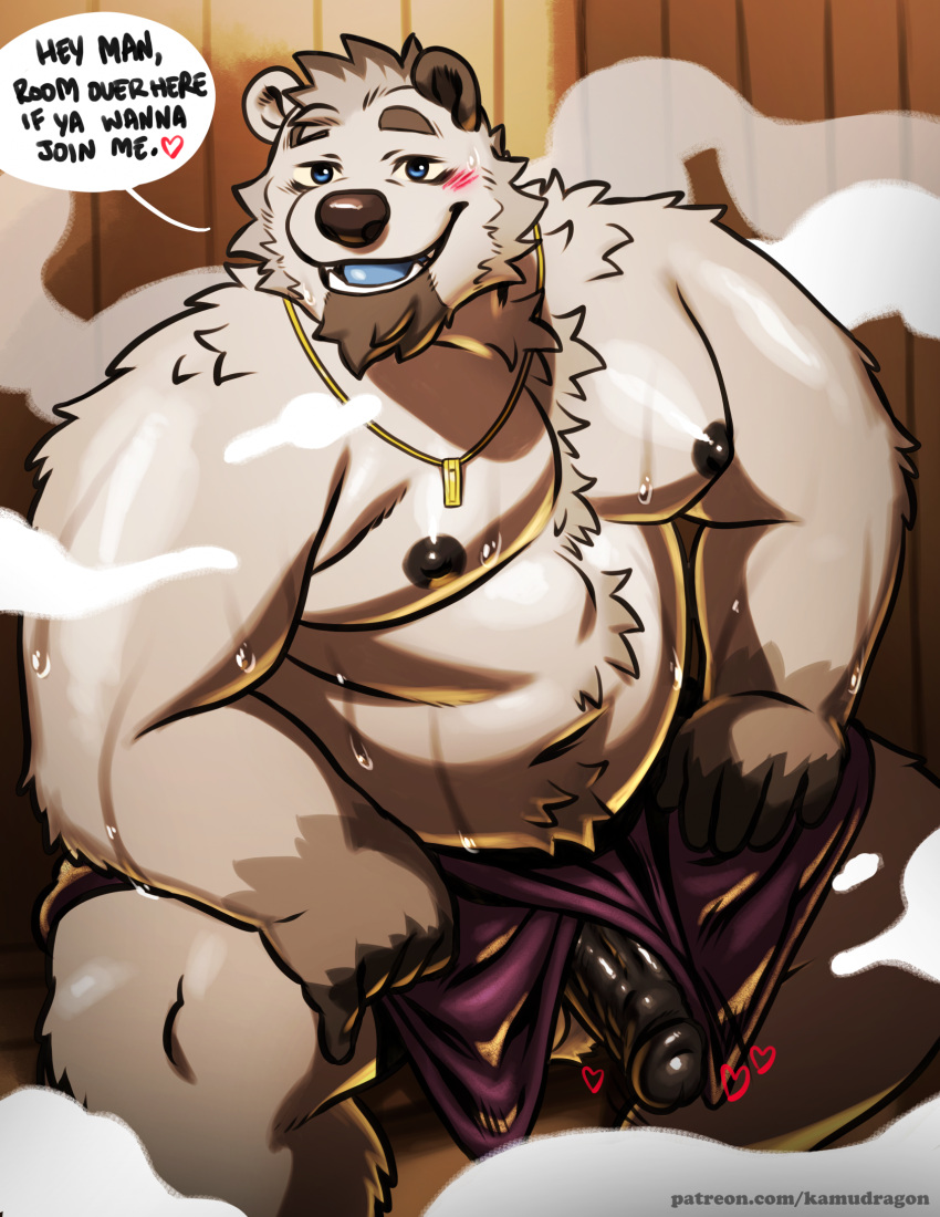 anthro bear black_penis blue_eyes bodily_fluids chest_tuft dialogue english_text genitals heart hi_res humanoid_genitalia humanoid_penis inside inviting jewelry kamudragon male mammal moobs necklace overweight overweight_anthro overweight_male penis polar_bear sauna sitting solo speech_bubble steam sweat text towel towel_around_waist towel_only tuft url ursine