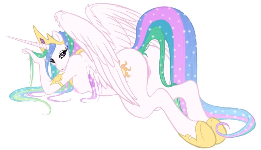 afiaxxa alicorn alpha_channel anthro ass breasts crown dat_plot equine female friendship_is_magic hooves horn looking_back multicolored_hair my_little_pony nipples on_stomach pegacorn pin_up pose princess princess_celestia_(mlp) pussy royalty sideboob solo straight_hair tail unicorn wings