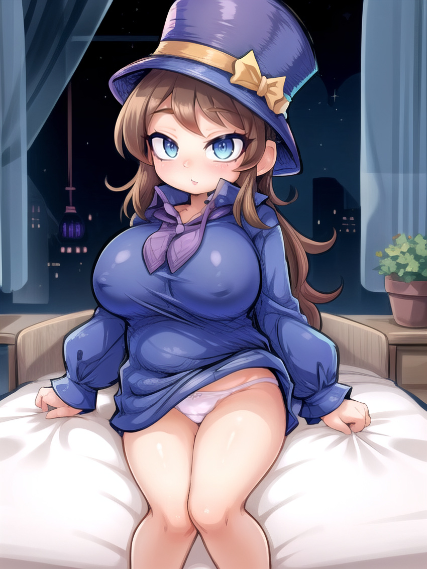 a_hat_in_time ai_generated belt big_breasts big_nipples blue_eyes blue_jacket blush blushing_at_viewer breasts brown_belt brown_hair hat hat_adult hat_kid huge_breasts jacket jacket_only large_breasts long_hair looking_at_viewer nipples open_shirt pale-skinned_female pale_skin panties ponytail purple_hat purple_tie shirt slightly_chubby thighs tie underwear voluptuous voluptuous_female white_panties white_underwear wide_hips xerberus0