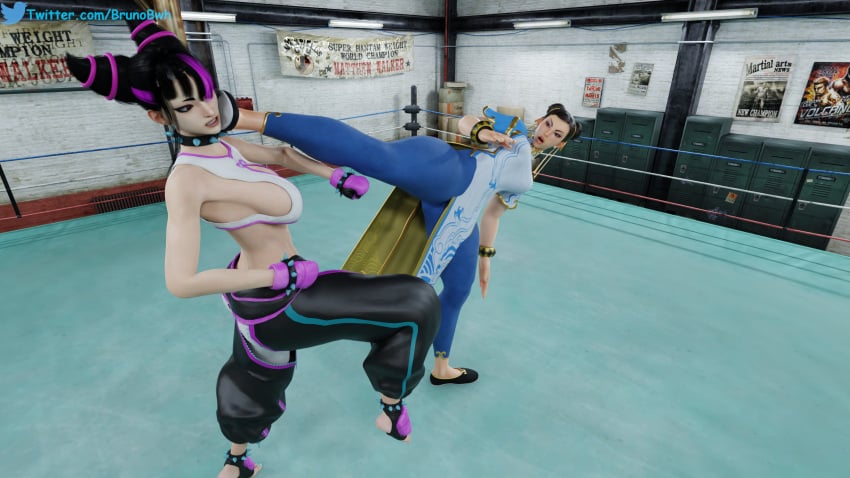 2girls 3d brunobwh catfight chun-li clothed fight fighting_ring juri_han kicking kicking_face sideboob street_fighter street_fighter_6 thick_thighs