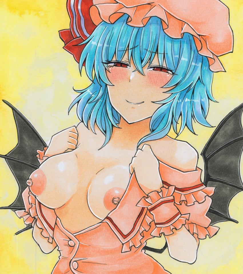 bare_shoulders bat_wings blue_hair blush breasts closed_mouth commentary crossed_bangs female hat hat_ribbon highres large_breasts mob_cap nipples pink_headwear red_eyes red_ribbon remilia_scarlet ribbon short_hair smile solo touhou upper_body washiwa wings yellow_background