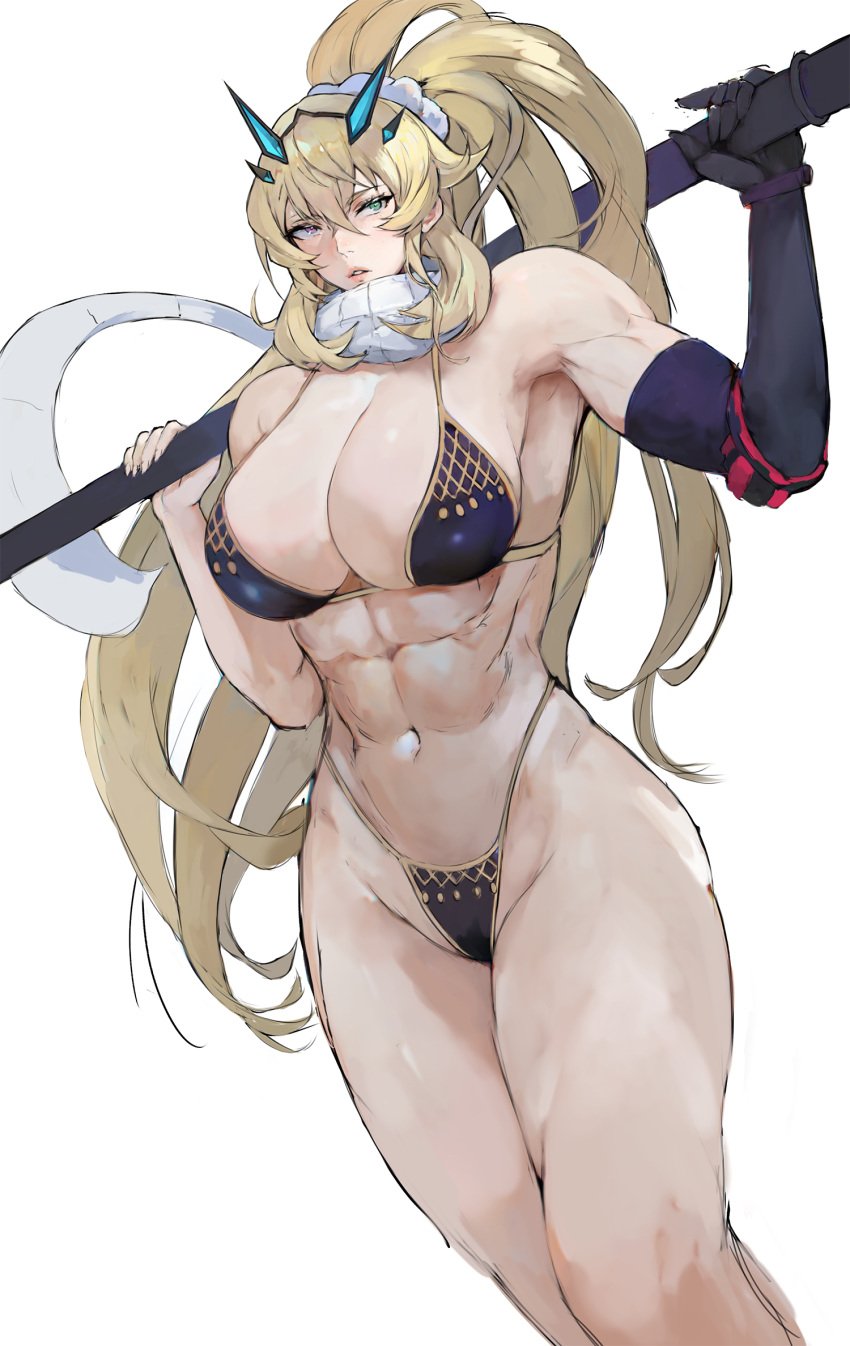 1girls abs bare_shoulders barghest_(gawain)_(fate) bikini blonde_hair breasts fate/grand_order fate_(series) green_eyes heterochromia hi_res holding_object large_breasts long_hair memory342 navel parted_lips pink_eyes ponytail revision scarf simple_background solo thick_thighs weapon white_background