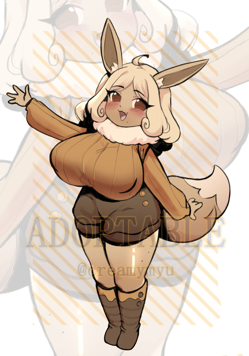 1girls :3 adoptable adorable anthro anthrofied big_breasts blush brown_eyes brown_fur busty clothed clothing creamymyu cute cute_fang eevee fangs female female_only looking_at_viewer mole mole_under_mouth nintendo open_:3 pokemon pokemon_(species) short_hair shorts shortstack smile tail thighs white_hair