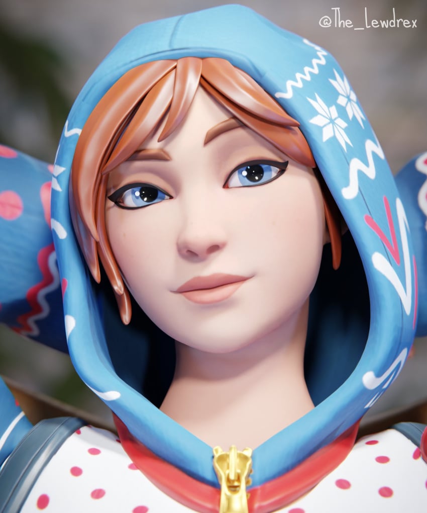 1girls 3d alternate_version_available barefoot blender blue_eyes close-up detailed_background epic_games face_closeup face_focus female female_focus female_only fortnite fortnite:_battle_royale highres lewdrex light-skinned_female light_skin looking_at_viewer onesie onesie_(fortnite) orange_hair presenting sitting smile smiling solo solo_focus watermark