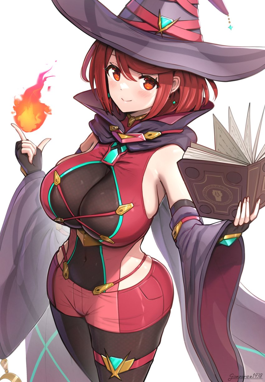 1girls alternate_version_available bangs belly_button breasts core_crystal earrings female female_focus female_only fire gonzarez halloween hat hi_res huge_breasts large_hat light_blush looking_at_viewer magic nintendo pyra red_clothing red_eyes red_hair sheer_legwear short_hair smile spellbook swept_bangs tight_clothing tight_fit tights witch witch_costume witch_hat xenoblade_(series) xenoblade_chronicles_2