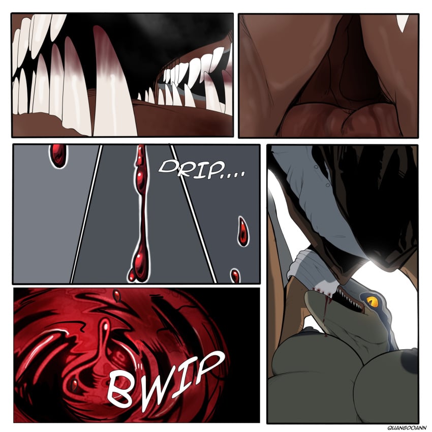 blood blood_on_clothing blood_on_teeth blue_(jurassic_world) bodily_fluids breasts clothing comic dinosaur dromaeosaurid duo female hi_res human humanoid jurassic_park jurassic_world male male/female mammal nipples owen_grady quangdoann reptile scalie text theropod universal_studios