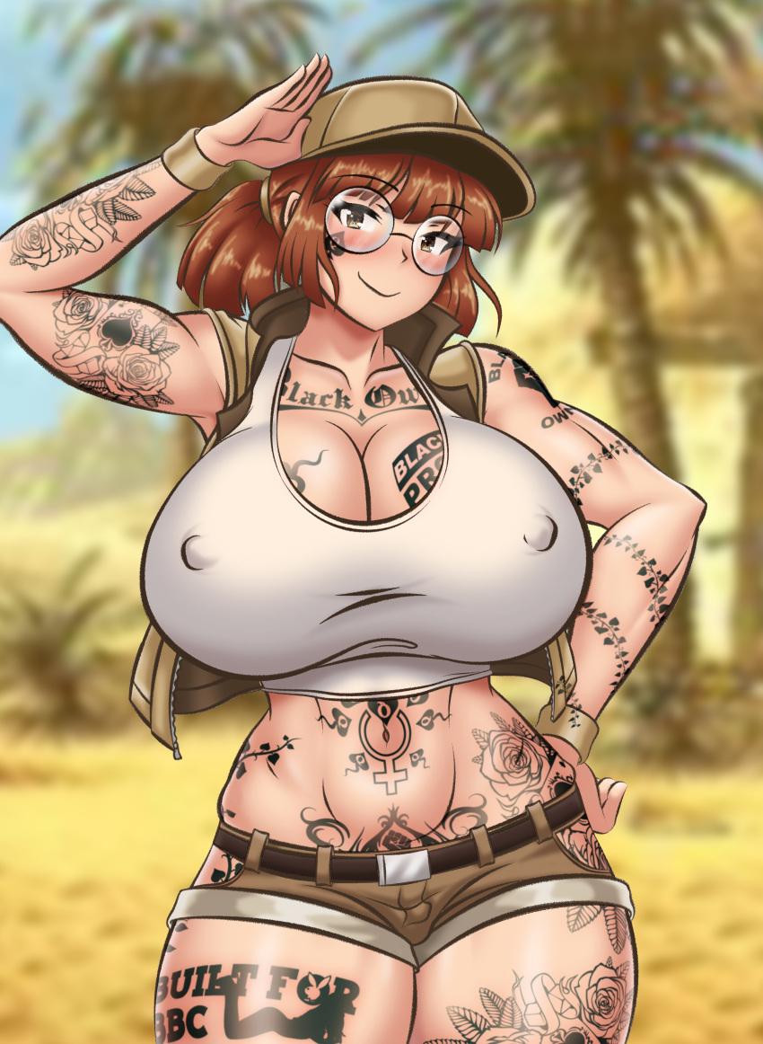 1girls big_breasts blush boob_tattoo breast_tattoo breasts brown_eyes brown_hair chest_tattoo cleavage clothed clothing curvaceous curvy fbi_ecchi female female_only fio_germi fiolina_germi glasses huge_breasts large_breasts light-skinned_female looking_at_viewer medium_hair metal_slug military nipples_visible_through_clothing outdoors ponytail queen_of_spades raceplay solo solo_female spade_tattoo tattoo tattoos thick_thighs thigh_tattoo thighs toned_female white_tank_top white_top white_topwear wide_hips