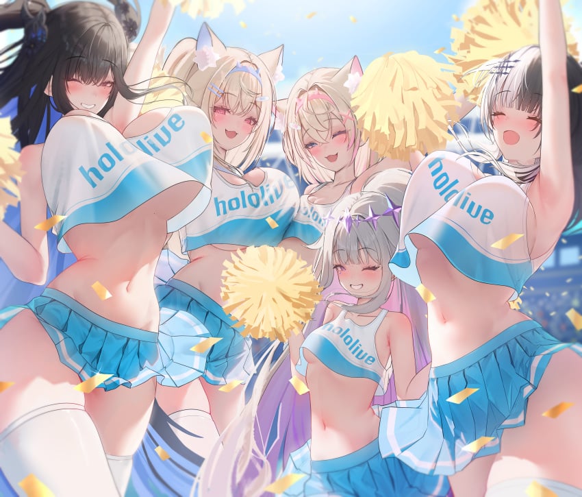 5girls animal_ears big_breasts black_hair blonde_hair breast_size_difference breasts cheerleader cheerleader_uniform crystal female fuwamoco fuwawa_abyssgard hololive hololive_english hololive_english_-advent- huge_breasts kemonomimi koseki_bijou mococo_abyssgard nerissa_ravencroft prab purple_crystal shiori_novella sisters small_breasts two_tone_hair virtual_youtuber white_hair