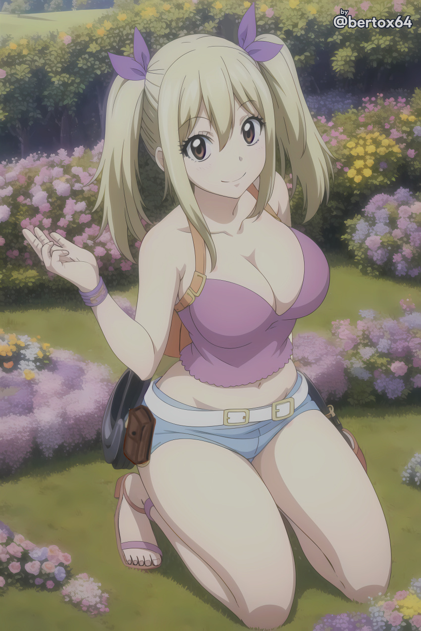 ai_generated bertox64 blonde_hair breasts brown_eyes fairy_tail flowers garden huge_breasts kneeling lucy_heartfilia ponytails shirt short_pants smile