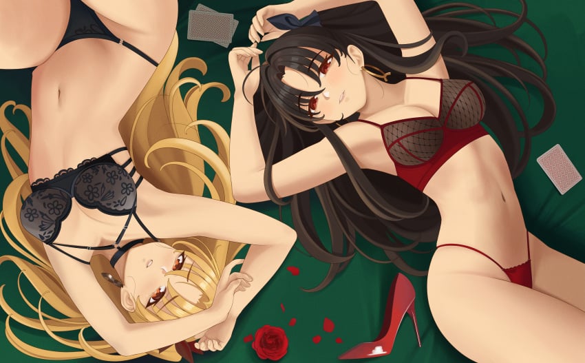 2girls absurdres arms_up black_choker black_hair blonde_hair bra breasts card choker ereshkigal_(fate) fate/grand_order fate_(series) female female_only flower high_heels highres human ishtar_(fate) long_hair looking_at_viewer lying medium_breasts multiple_girls navel on_back panties petals quatthro red_eyes red_flower red_rose rose stomach two_side_up underwear underwear_only very_long_hair