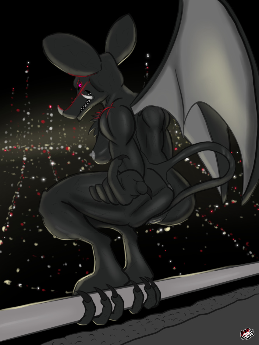 3_toes 5_fingers anthro anus ass bat bat_ears bat_nose bat_wings beckoning bedroom_eyes big_ears black_body black_fur black_sclera chest_tuft city city_background city_lights cityscape crotch_tuft digitigrade duo fangs feet female fingers fur gargoyle genitals gesture gesturing_at_viewer glowing glowing_eyes hi_res looking_at_viewer looking_back mammal membrane_(anatomy) membranous_wings monster muscular muscular_anthro narrowed_eyes night on_rail original_character prehensile_tail presenting presenting_hindquarters pussy railing red_eyes seductive sharp_teeth smile smiling_at_viewer spread_wings tail teeth toes tuft wings word360