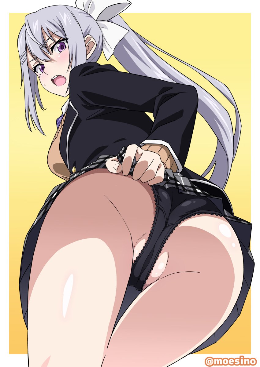 ass female gluteal_fold higuchi_kaede huge_ass moesino nijisanji panties pantyshot partially_visible_vulva ponytail purple_eyes ribbon solo underwear upskirt virtual_youtuber