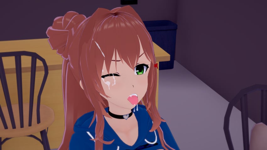 black_hair blue_eyes breasts brown_hair cum cum_in_mouth doki_doki_literature_club femboy femboy_on_female goth green_eyes hellfish hoodie koikatsu monika_(doki_doki_literature_club) oc penis