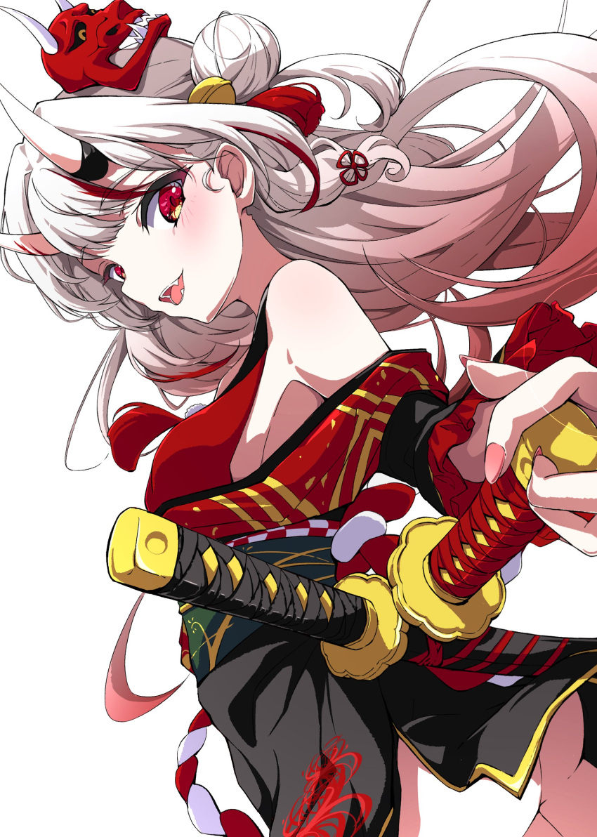 armpits ass ass_peek cute_fang hair_ornament hololive hololive_gen_2 hololive_japan horn_ornament japanese_clothes katana kimono looking_at_viewer nakiri_ayame oni oni_horns oni_mask pale_skin red_eyes smile smiling_at_viewer sword upskirt virtual_youtuber weapon white_hair