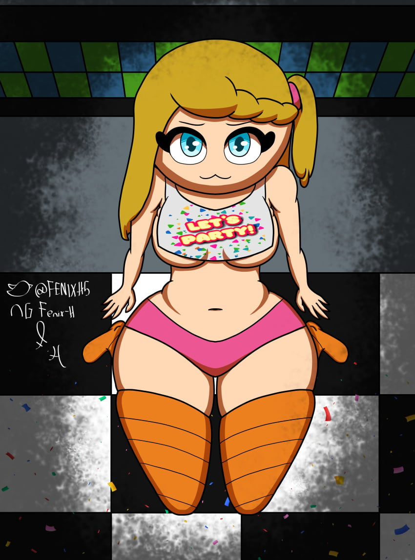 1girls alternate_version_available black_sclera blonde_hair blue_eyes cosplay female fenix_h five_nights_at_freddy's five_nights_at_freddy's_2 fnafhs joy_(fnafhs) kneeling long_hair looking_at_viewer pink_panties thick_thighs thighhighs toy_chica_(cosplay) toy_chica_(fnaf) white_skin