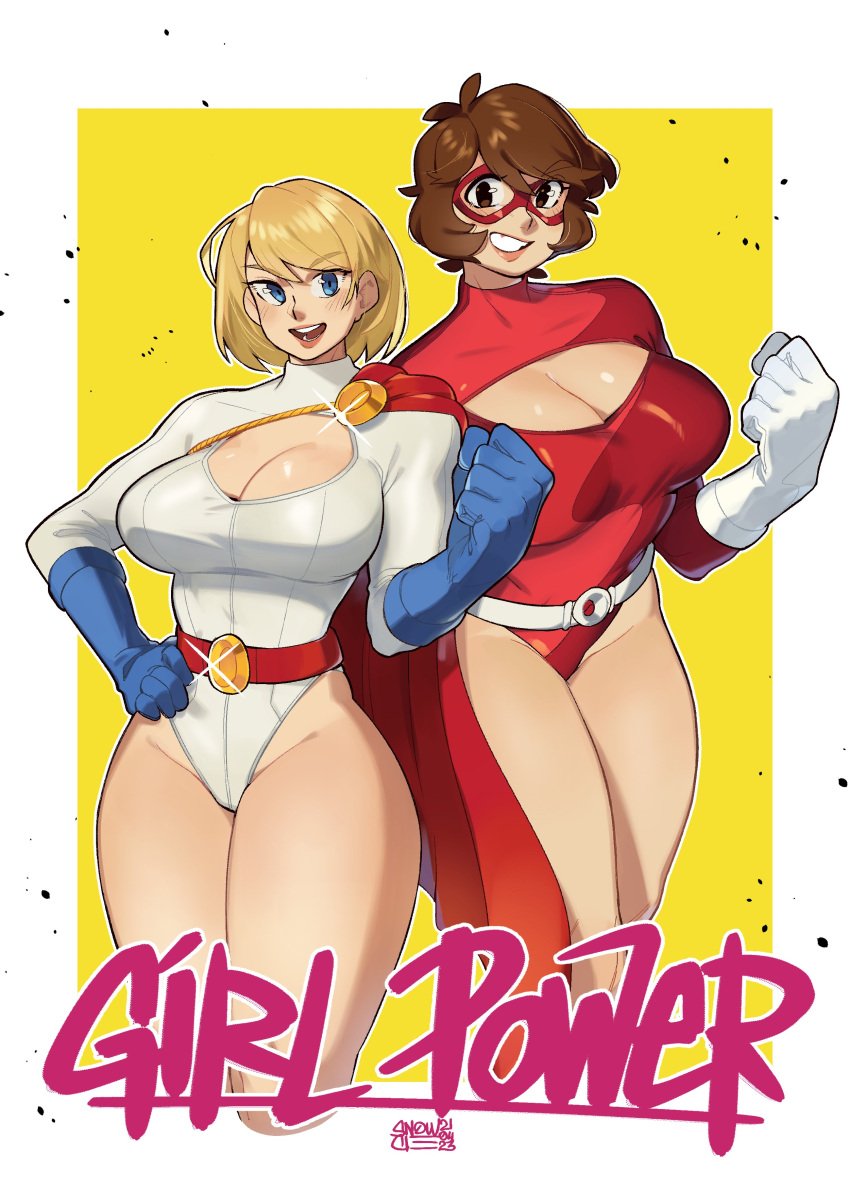 2girls artist_name belt big_breasts blonde_hair blue_eyes blue_gloves blush boob_cutout boob_window border breasts brown_eyes brown_hair busty buxom cape cleavage clenched_hand commentary commission dated dc_comics domino_mask english_commentary female gloves hair_behind_ear hand_on_own_hip large_breasts leotard looking_at_viewer making-of_available mask multiple_girls original parted_lips power_girl red_belt red_cape shoulder_cape smile snowcie snowciel superhero white_belt white_border white_gloves white_leotard yellow_background