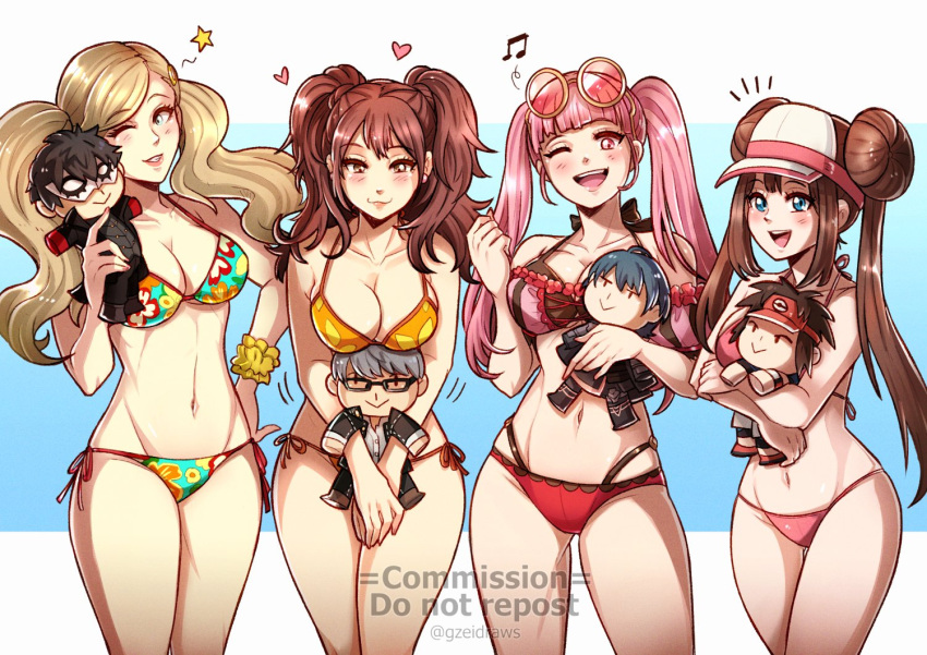 4girls akira_kurusu ann_takamaki belly bikini blonde_hair breasts brown_hair byleth_(fire_emblem) byleth_(fire_emblem)_(male) crossover female female_only fire_emblem fire_emblem:_three_houses gzei heart hilda_valentine_goneril hilda_valentine_goneril_(summer) joker_(persona) kujikawa_rise layered_bikini light-skinned light-skinned_female long_hair multicolored_bikini narukami_yu nate_(pokemon) navel nintendo orange_bikini persona persona_4 persona_5 pink_bikini pink_hair pink_sunglasses plushie pokemon pokemon_bw2 ren_amamiya rosa_(pokemon) standing sunglasses sunglasses_on_head swimsuit swimsuits thighs twintails wink