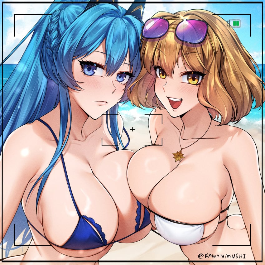 2girls :d absurdres anis_(nikke) anis_(sparkling_summer)_(nikke) asymmetrical_docking bare_shoulders battery_indicator beach bikini blue_bikini blue_eyes blue_hair blue_sky breast_press breasts brown_eyes brown_hair cleavage closed_mouth cloud collarbone day eyepatch_bikini eyewear_on_head goddess_of_victory:_nikke helm_(aqua_marine)_(nikke) helm_(aquamarine)_(nikke) helm_(nikke) high_ponytail highres jewelry kawanmushi large_breasts looking_at_viewer multiple_girls ocean open_mouth outdoors pendant short_hair sky smile sunglasses swimsuit taking_picture upper_body viewfinder white_bikini