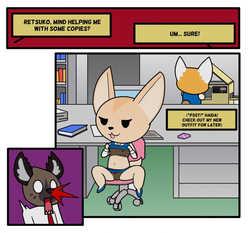 aggressive_retsuko aggretsuko ailurid anthro blood bodily_fluids canid canine clothing comic desk detailed_background female fennec fenneko flashing fox front_view fur furniture grey_body grey_fur group haida hi_res hyena lace lace_panties male mammal nosebleed office office_clothing panties red_panda retsuko sanrio shocked sitting standing table tan_body tan_fur teot text underwear yellow_body yellow_fur