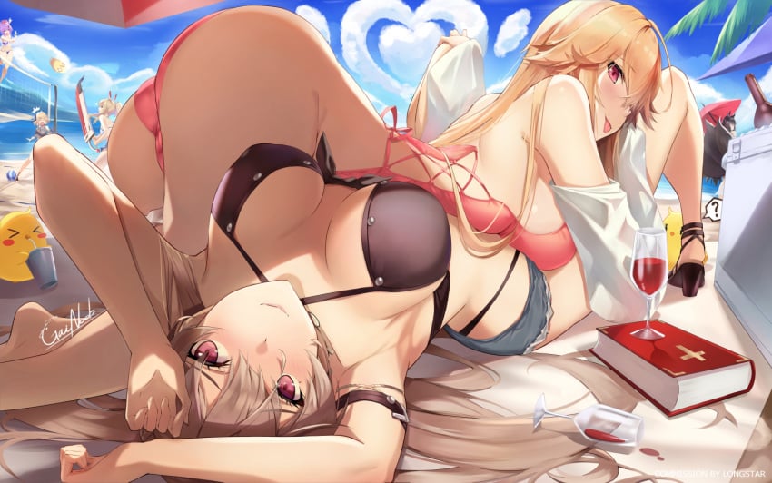 ? amagi_(azur_lane) anchor_earrings arm_strap ayanami_(azur_lane) azur_lane backless_swimsuit beach beach_volleyball bible_(object) bikini bikini_under_clothes black_bikini blonde_hair blue_bikini book brown_bikini cloud commission criss-cross_halter cross-laced_clothes cross-laced_one-piece_swimsuit cup cutoff_jeans cutoffs drinking_glass earrings frilled_bikini frills front-tie_bikini_top front-tie_top gainoob halterneck highleg highleg_bikini highleg_swimsuit javelin_(azur_lane) javelin_(beach_picnic!)_(azur_lane) jean_bart_(azur_lane) jean_bart_(private_apres_midi)_(azur_lane) jewelry light_brown_hair manjuu_(azur_lane) micro_shorts multiple_girls multiple_straps one-piece_swimsuit pink_one-piece_swimsuit red_eyes richelieu_(azur_lane) richelieu_(fleuron_of_the_waves)_(azur_lane) see-through see-through_shirt shorts siblings side-tie_swimsuit sisters spoken_question_mark surprised swimsuit thighs two-tone_bikini wine_glass z23_(azur_lane) z23_(breezy_doubles)_(azur_lane)