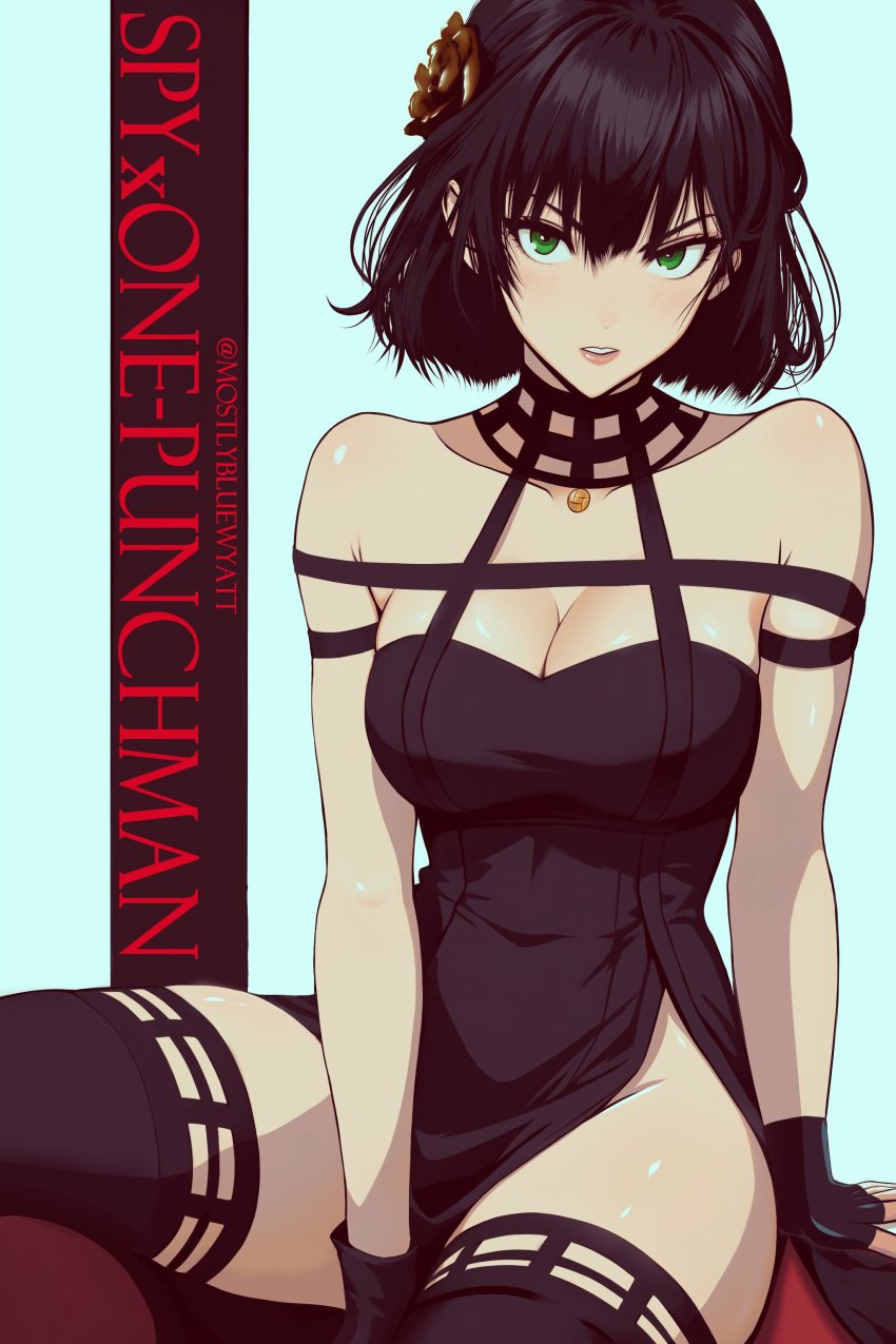 1girl 1girls 2023 2d adult adult_female alternate_costume artist_name big_breasts big_cleavage black_hair breasts cleavage cleavage_cutout cosplay female female_only fingerless_gloves fubuki_(one-punch_man) gloves green_eyes heroine human human_female human_only light-skinned_female light_skin looking_at_viewer mostlybluewyatt no_sex one-punch_man serious serious_look short_hair solo solo_female spy_x_family straight_hair superheroine thick_thighs thighhighs thighs yor_briar_(cosplay) young_woman