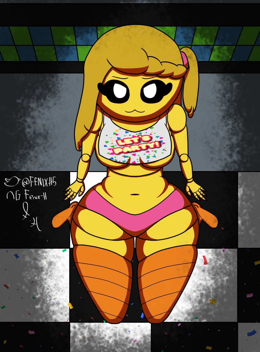 1girls alternate_version_available black_sclera blonde_hair female fenix_h five_nights_at_freddy's five_nights_at_freddy's_2 fnafhs joy_(fnafhs) kneeling long_hair looking_at_viewer pink_panties robot_girl thick_thighs thighhighs toy_chica_(cosplay) toy_chica_(fnaf) white_pupils yellow_body