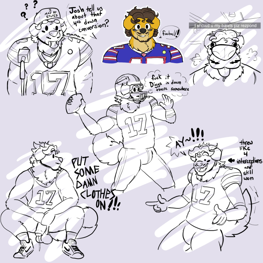 anthro bird_dog buffalo_bills canid canine canis domestic_dog football_player football_uniform genitals golden_retriever hi_res himbo hunting_dog josh_allen male mammal nanozapz nfl penis poking_out retriever solo