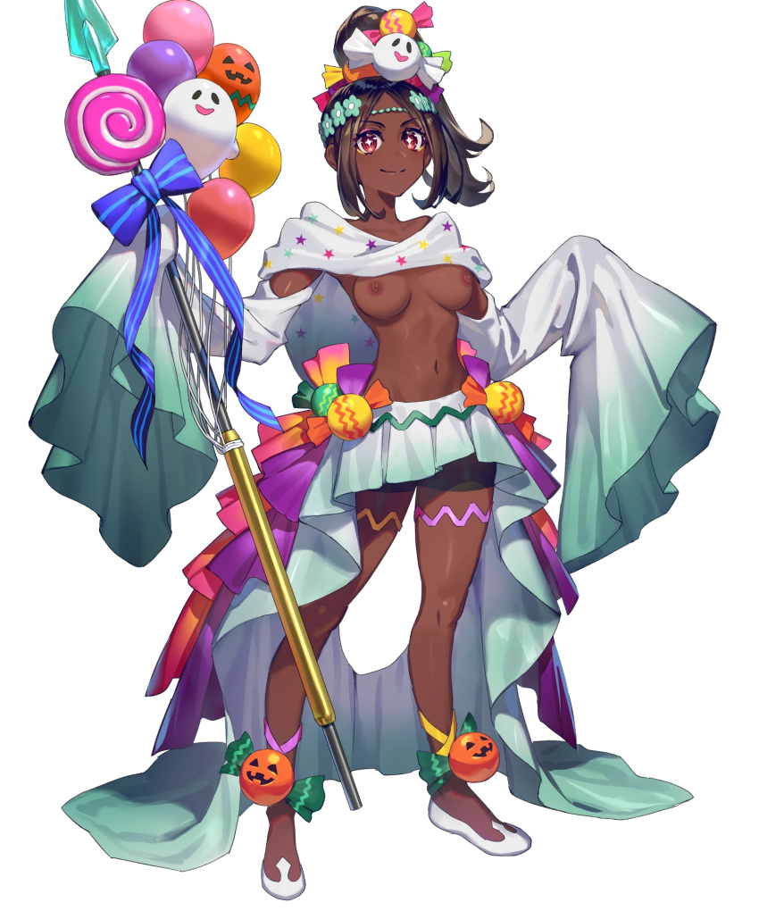 1girls alternate_costume balloon black_shorts breasts brown_hair candy_hair_ornament circlet closed_mouth dark-skinned_female dark_skin edit edited_official_artwork female female_only fire_emblem fire_emblem_engage fire_emblem_heroes food-themed_hair_ornament full_body ghost_hair_ornament gradient_clothes hair_ornament halloween halloween_costume high_ponytail holding holding_weapon horror_flight7830 jack-o'-lantern long_hair long_sleeves looking_at_viewer medium_breasts midriff navel nintendo nipples nude_filter official_alternate_costume official_art parted_bangs polearm ponytail pumpkin red_eyes ribbon shiny_skin shoes shorts skirt sleeves_past_wrists smile solo spear standing star-shaped_pupils star_(symbol) stomach symbol-shaped_pupils timerra_(fire_emblem) timerra_(halloween)_(fire_emblem) topless weapon white_background wide_sleeves