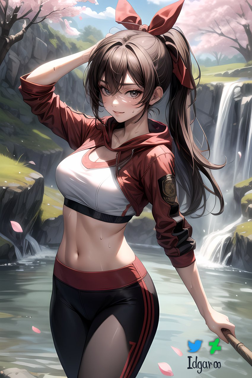 1girls 2d absurd_res ai_generated amber_(genshin_impact) arm_up brown_eyes brown_hair crop_top female female_only genshin_impact hi_res highres huge_breasts idgaroo lake light-skinned_female looking_at_viewer midriff nature ponytail red_ribbon stable_diffusion waterfall yoga_pants