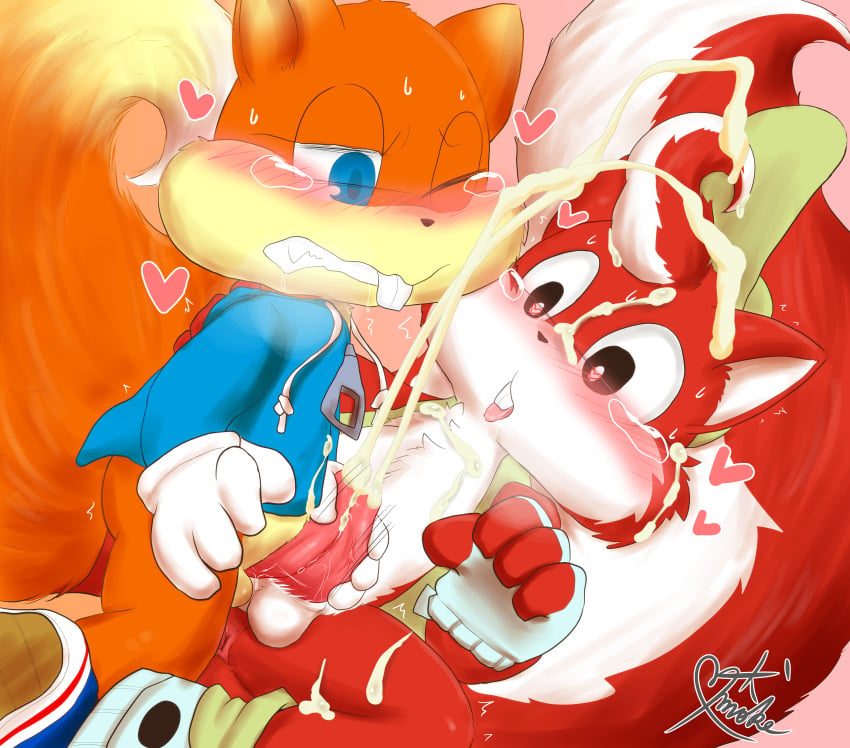 2boys absurd_res anthro balls bodily_fluids buckteeth censored conker conker's_bad_fur_day crossover cum duo erection frottage fur gay genital_fluids genitals hi_res male male/male male_only mammal mr._nutz mr._nutz_(game) namoke orgasm penis rareware red_body red_fur rodent sciurid sex tapering_penis teeth tree_squirrel video_games yaoi