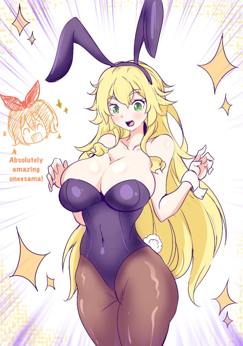 blush blush breasts bunny_ears bunny_girl bunny_tail bunnysuit frederica_baumann large_breasts pantyhose petra_leyte re:zero_kara_hajimeru_isekai_seikatsu sharp_teeth surprised tatigami wide_hips