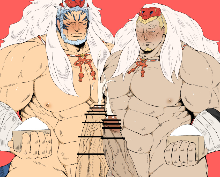 abs animal_ears balls bar_censor bara beard benny_(fire_emblem) big_penis blush boner censor_bar censored censored_penis cum erection facial_hair fire_emblem fire_emblem:_path_of_radiance fire_emblem:_radiant_dawn fire_emblem_fates fire_emblem_heroes gay laguz_(race) large_pectorals male male_only mordecai_(fire_emblem) mordecai_(flame)_(fire_emblem) muscles muscular muscular_male nintendo nude oni_mask orgasm penis penises_touching scar shiro_tora tail white_hair