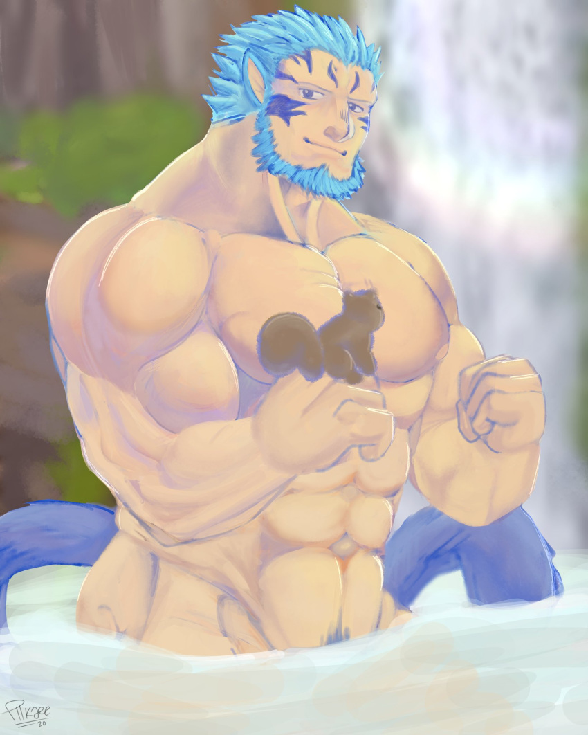 animal_ears bara beard facial_hair fire_emblem fire_emblem:_path_of_radiance fire_emblem:_radiant_dawn male male_only mordecai_(fire_emblem) muscles muscular nintendo nude partially_submerged piikae solo solo_male tail water white_hair