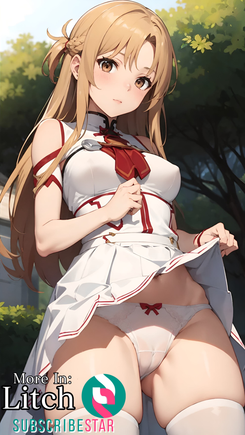 ai_generated blonde_hair cameltoe exhibitionism litch long_hair medium_breasts skirt_lift skirt_pull stable_diffusion sword_art_online temper_ai white_panties yuuki_asuna