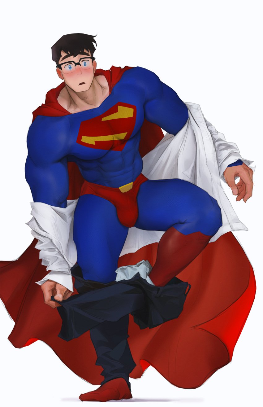 1boy 2023 bara barazoku black_hair blue_eyes blush bulge clark_kent clark_kent_(my_adventures_with_superman) clothing dc dc_comics gay hi_res highres himbo hoonzino looking_at_viewer male male_focus male_only manly muscular_male my_adventures_with_superman penis_outline solo solo_male superhero superman superman_(series) tight_clothing yaoi